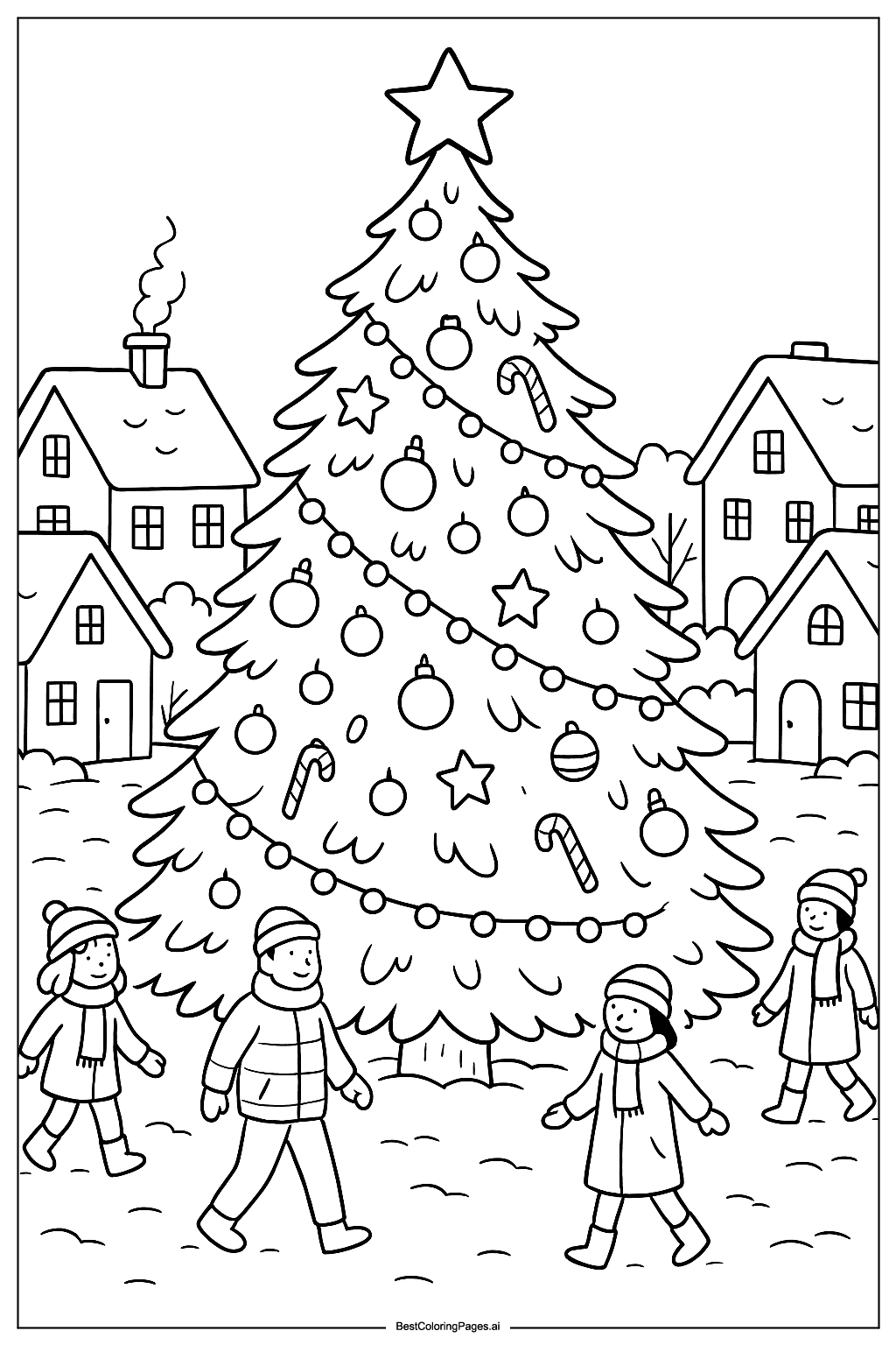 Christmas tree in snowy village