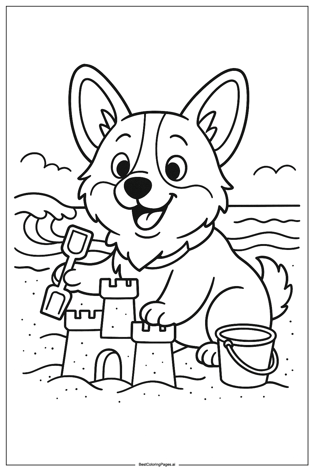 Corgi building sandcastle