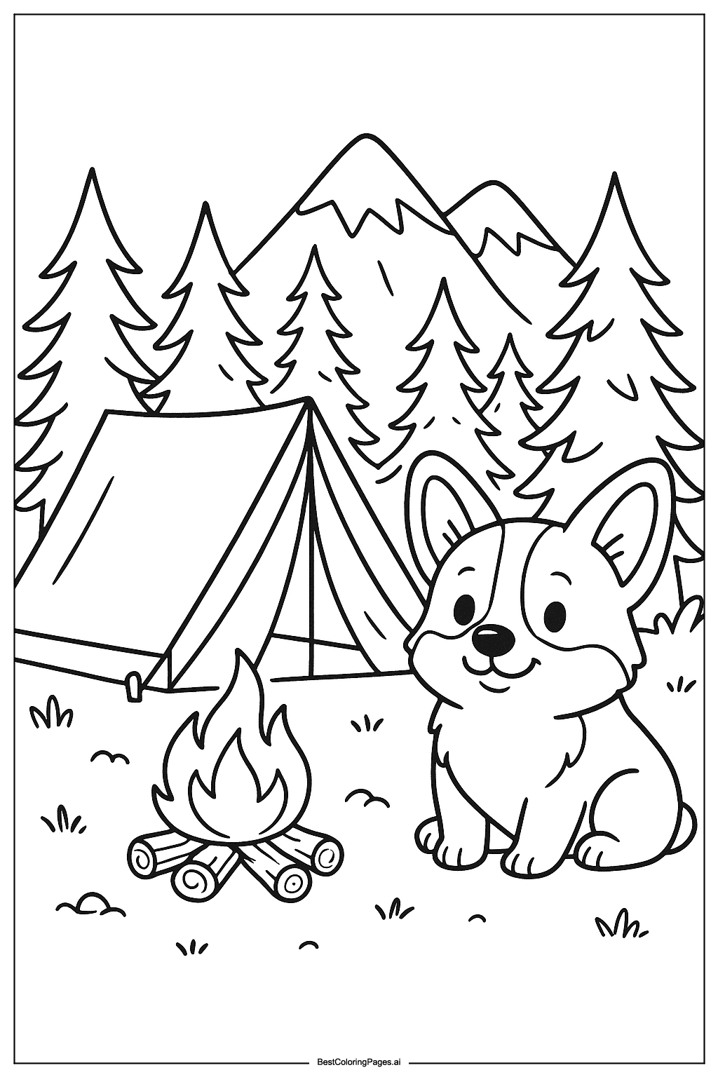 Corgi camping in mountains