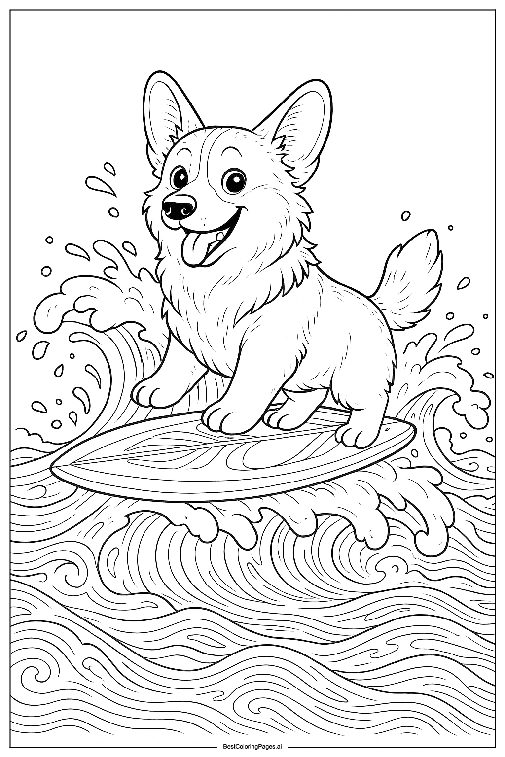 Corgi surfing waves