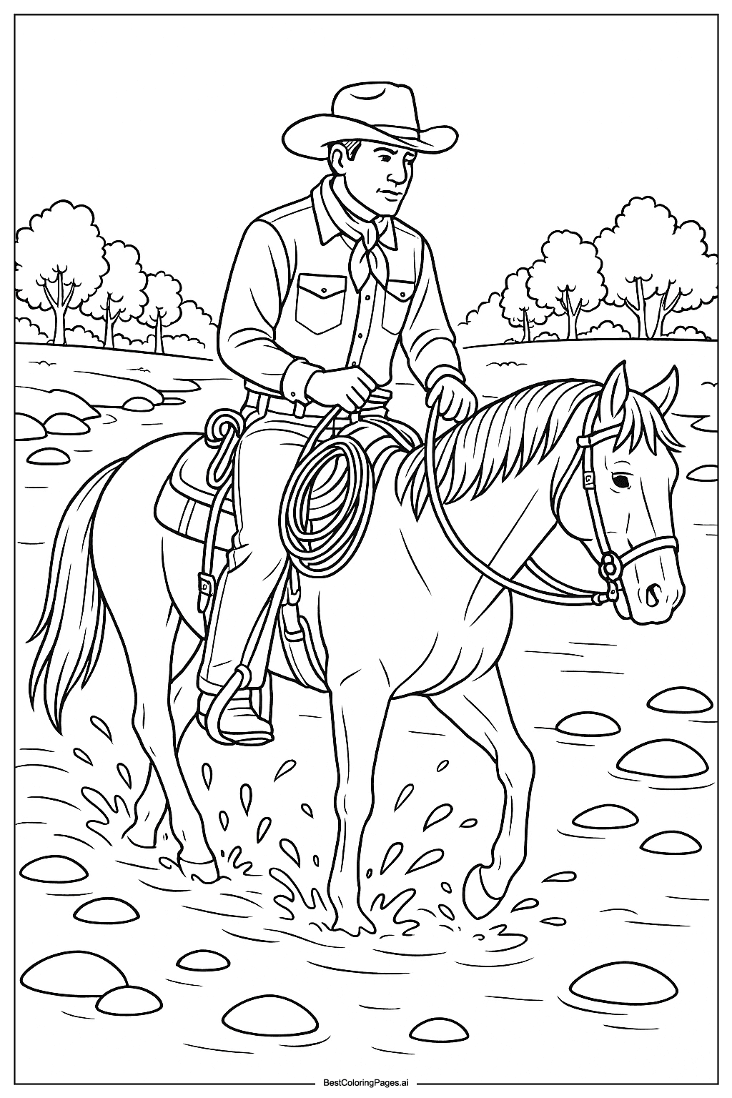 Cowboy crossing a river