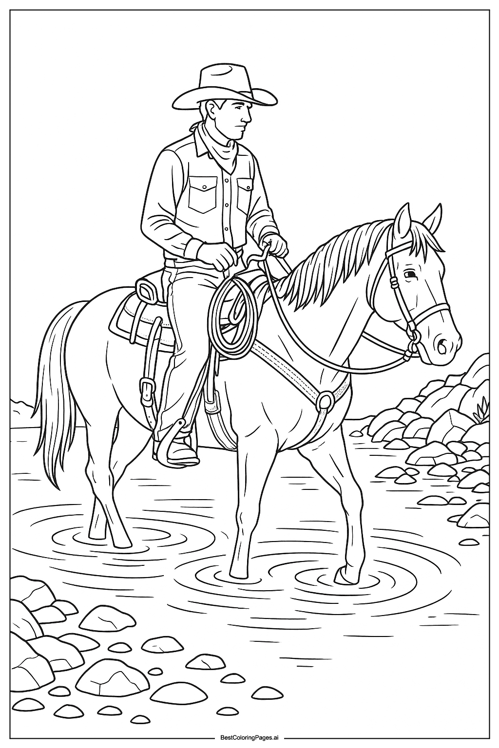 Cowboy crossing river