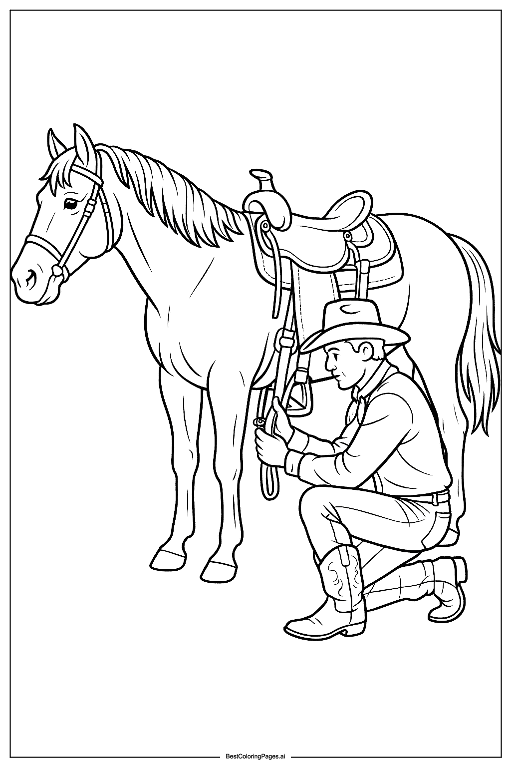 Cowboy fixing saddle