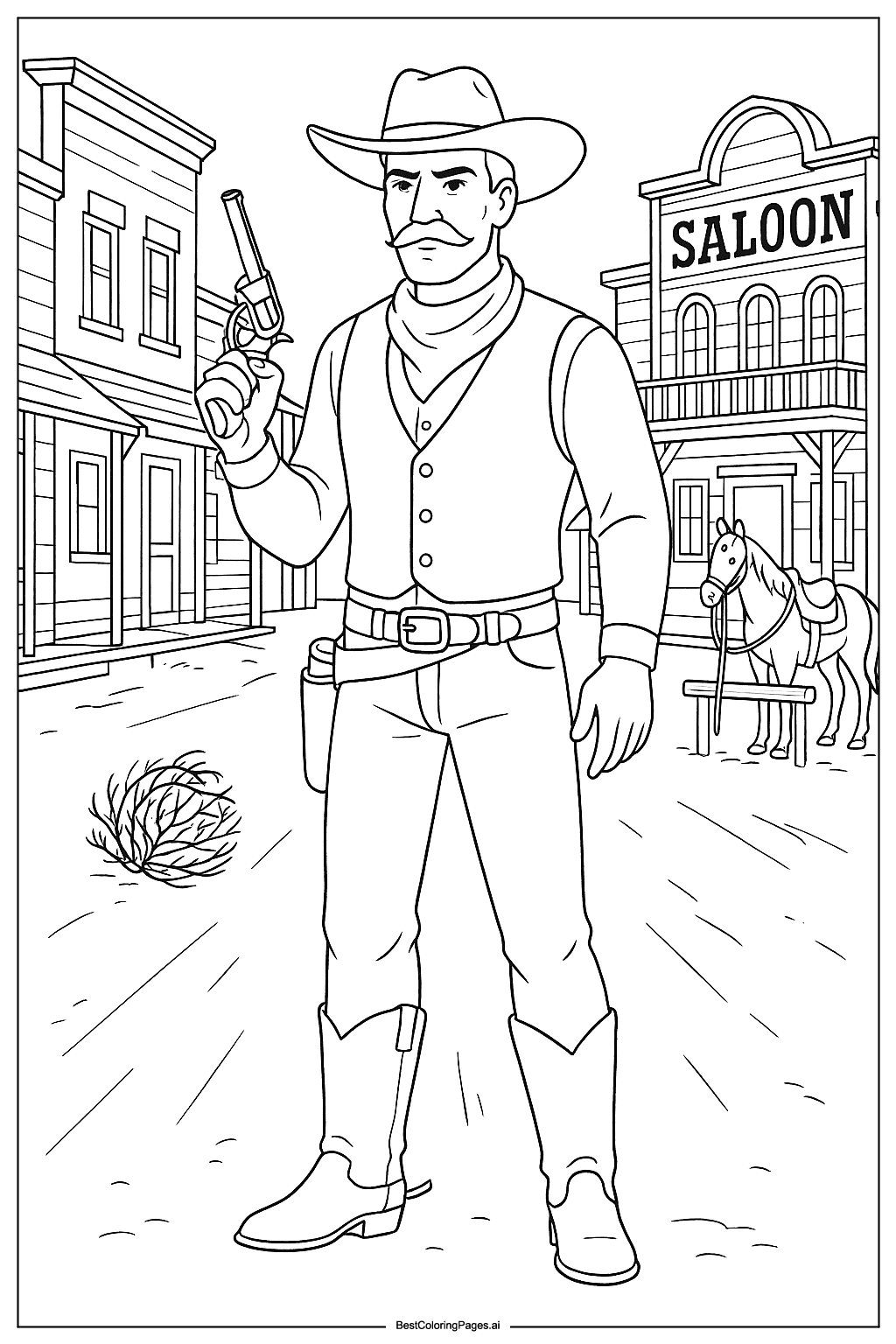 Cowboy in a Wild West town