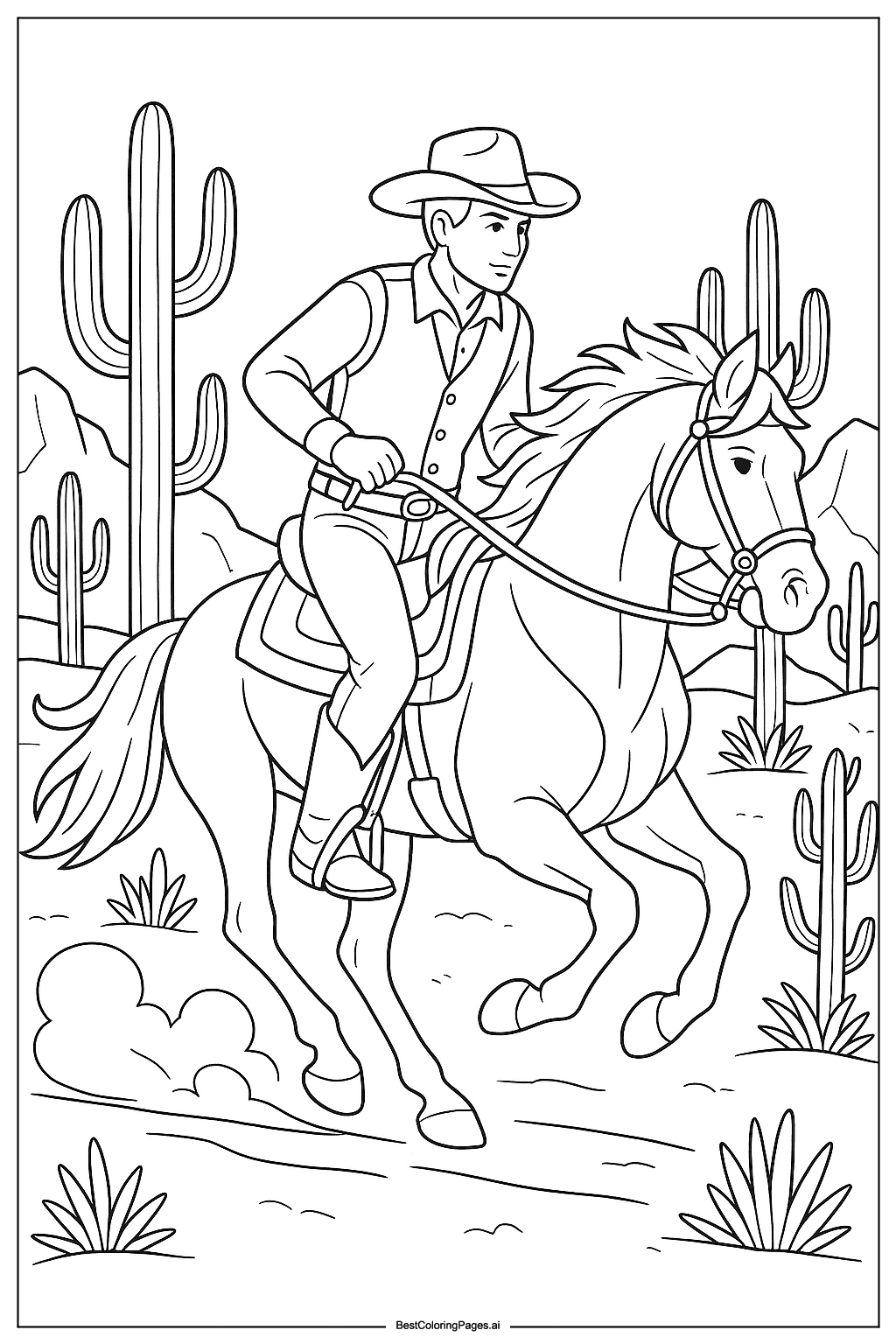 Cowboy riding horse in desert