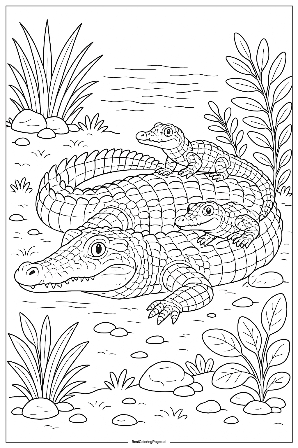 Crocodile family by river