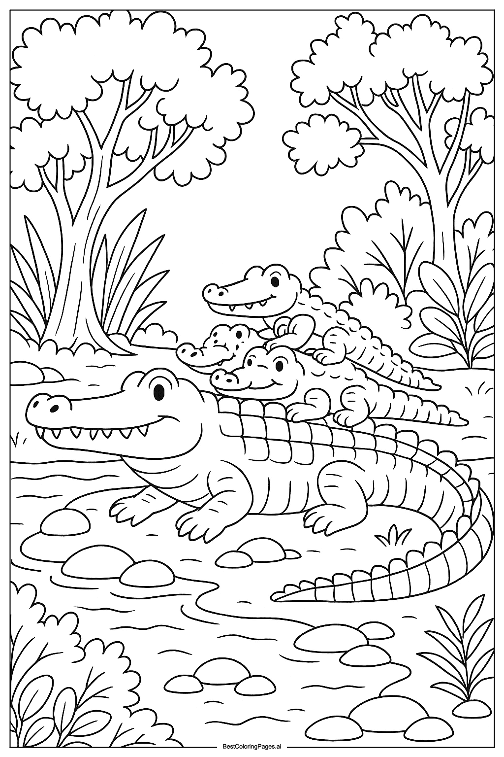 Crocodile family on riverbank