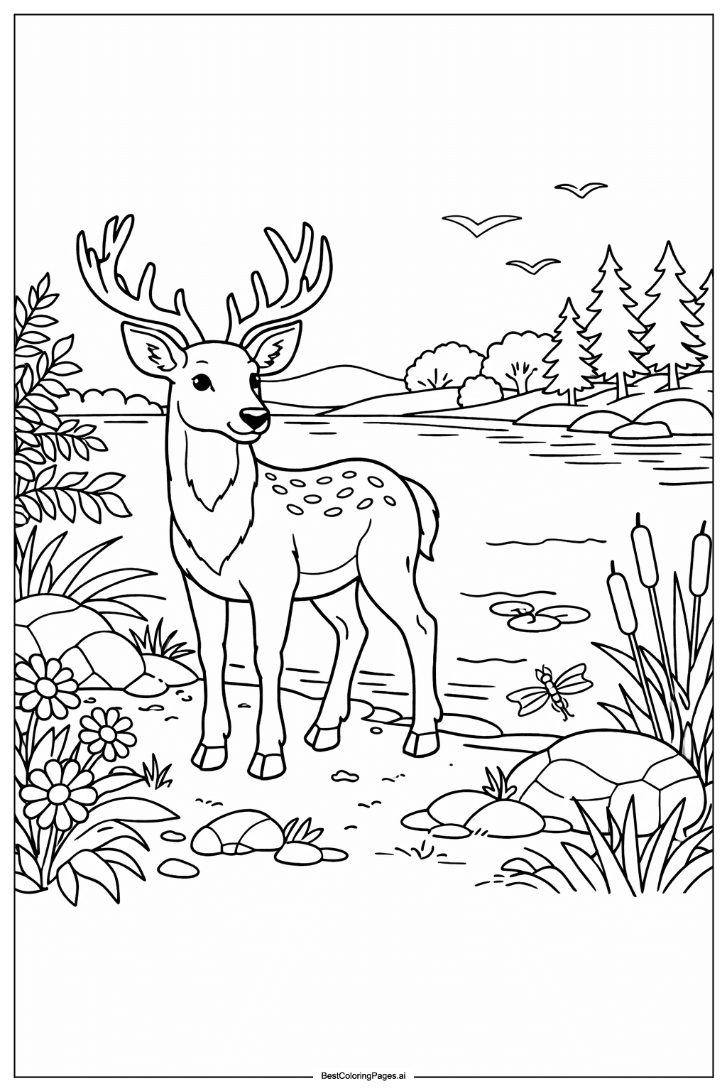 Coloriage Un cerf au bord du lac