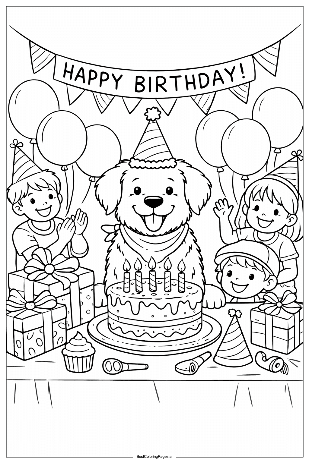 お誕生日会のワンちゃん のぬりえ