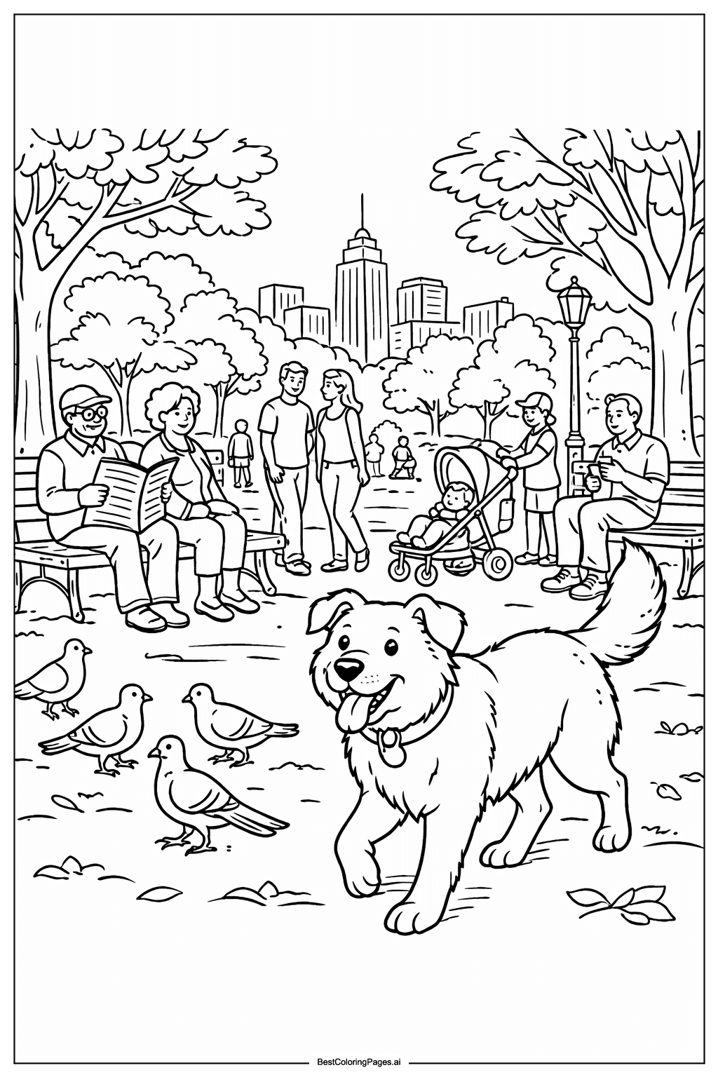 城市公園裡的快樂狗狗 著色圖