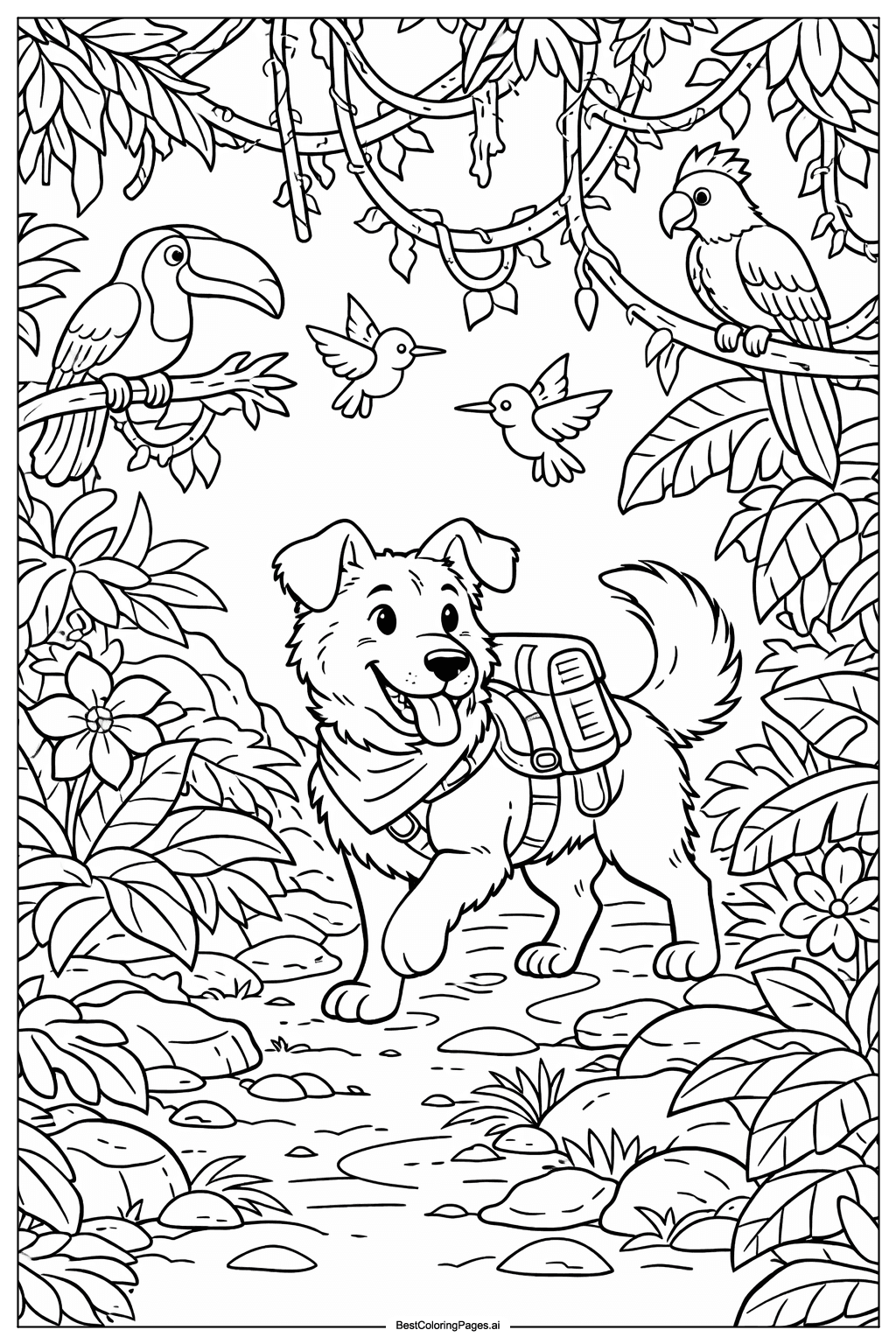 Disegni di Un cane esploratore nella giungla da Colorare