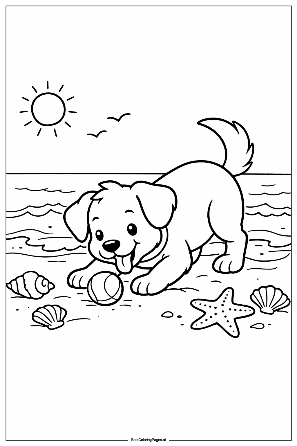 Dog on beach Coloring Page