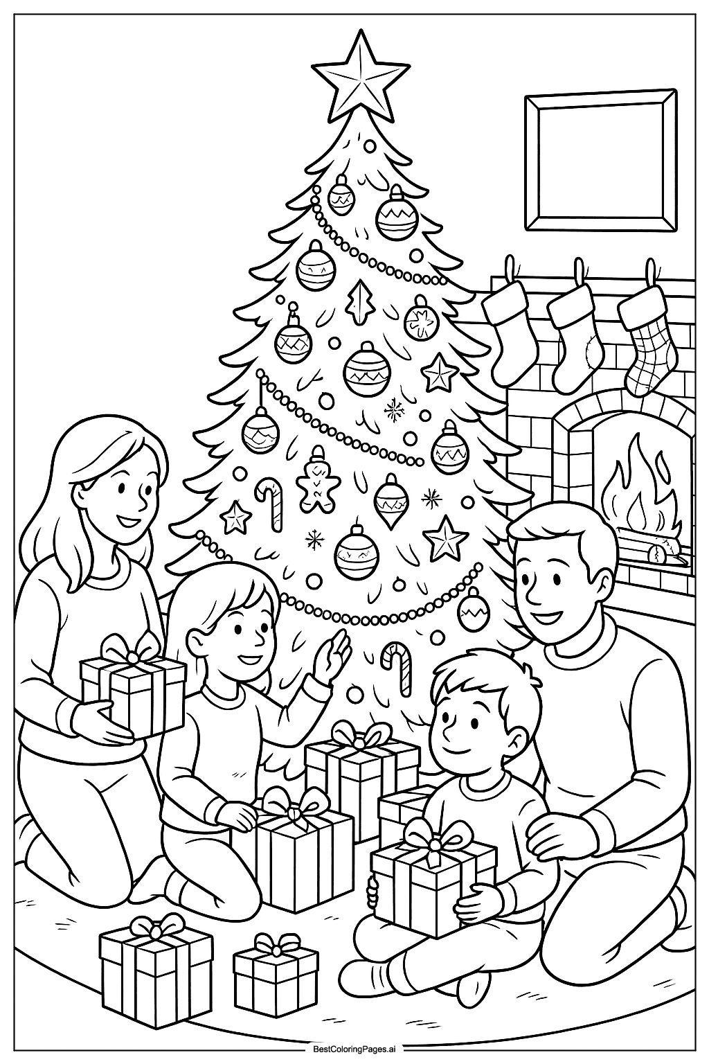 Family around Christmas tree