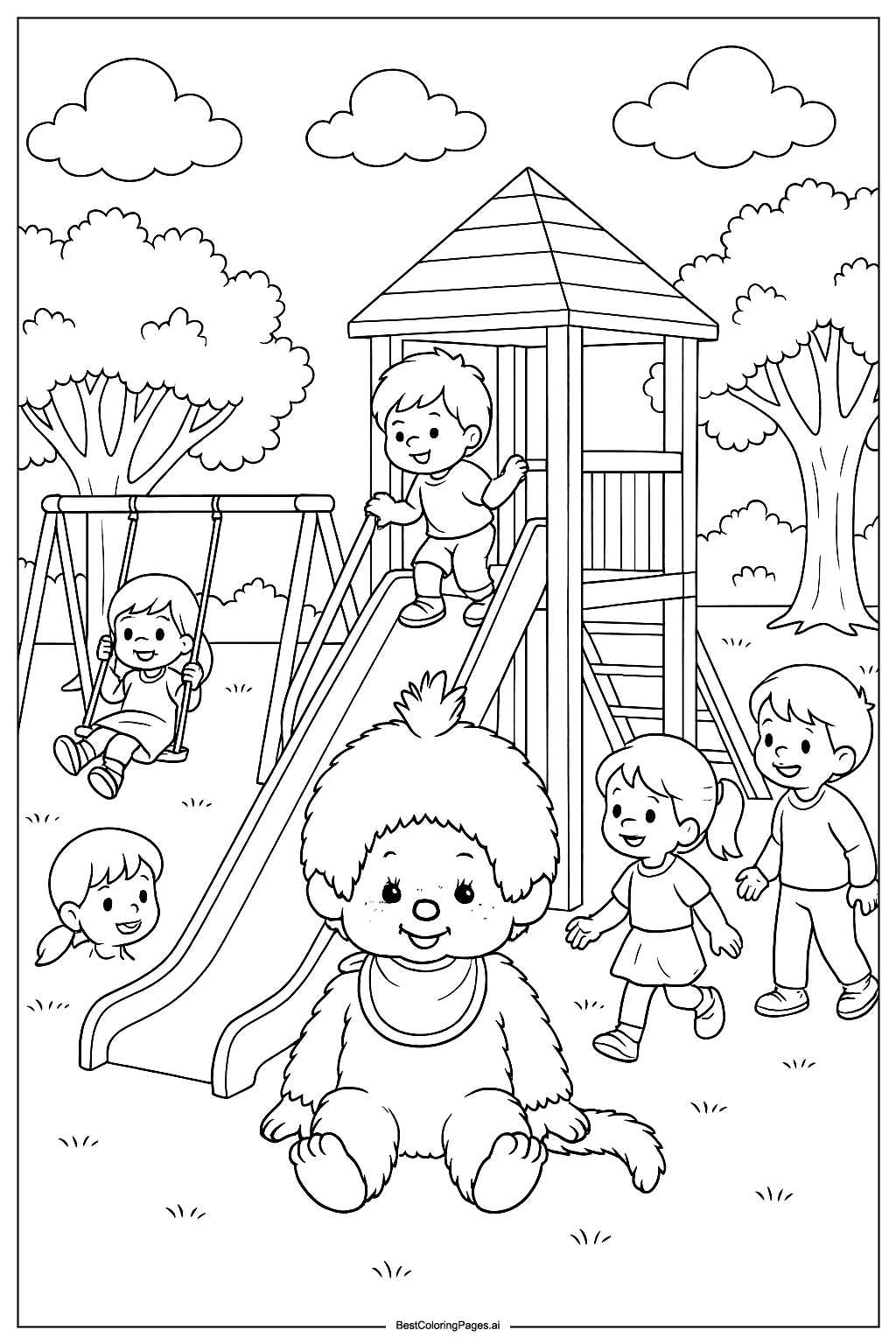 Monchhichi playing in playground