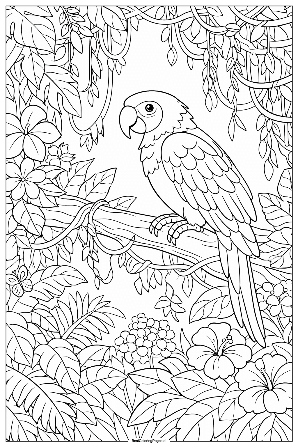 Coloriage Perroquet dans la forêt tropicale