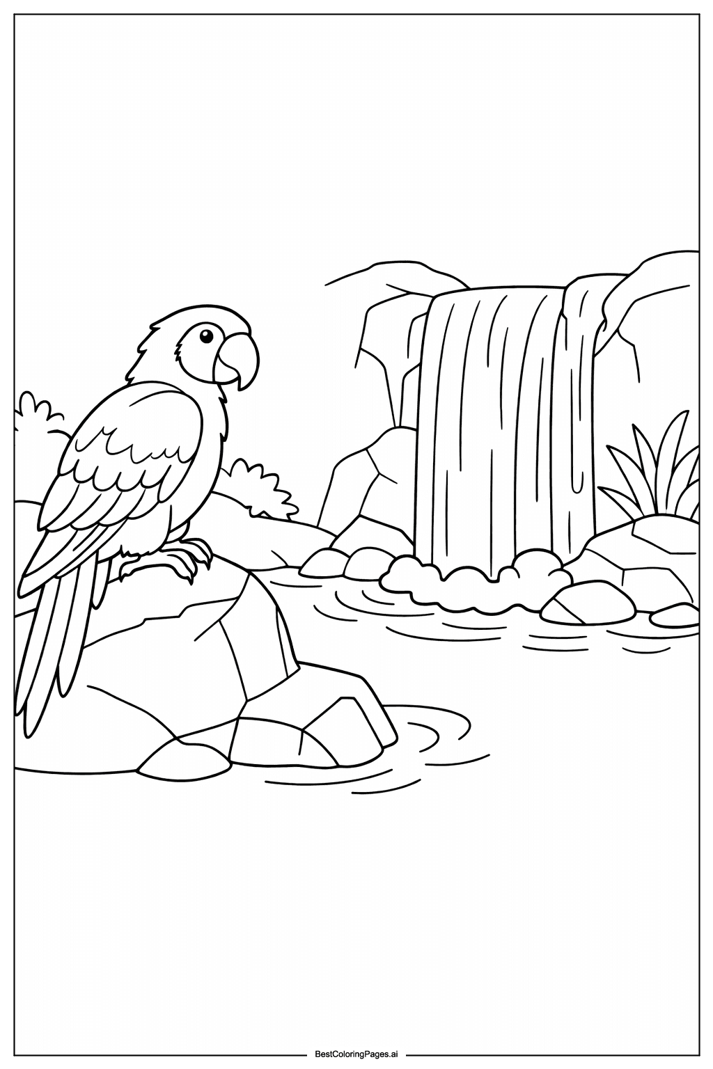 Disegni di Pappagallo vicino alla cascata da Colorare