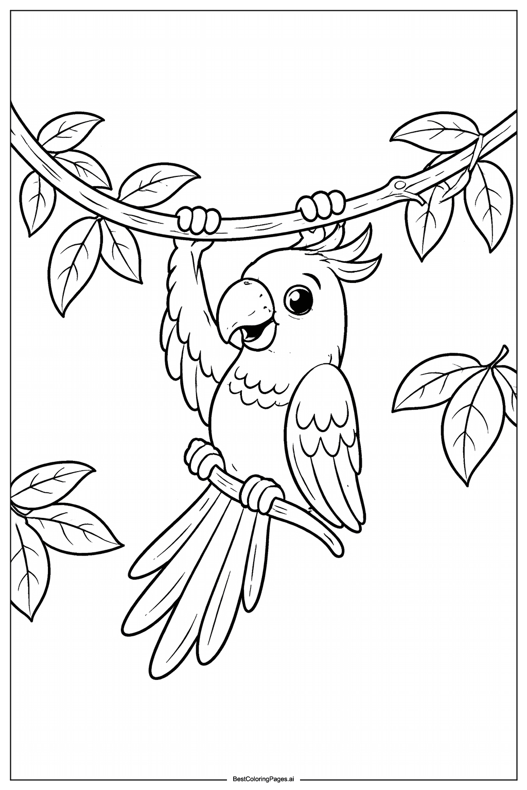 ツタで遊ぶジャングルのオウム のぬりえ