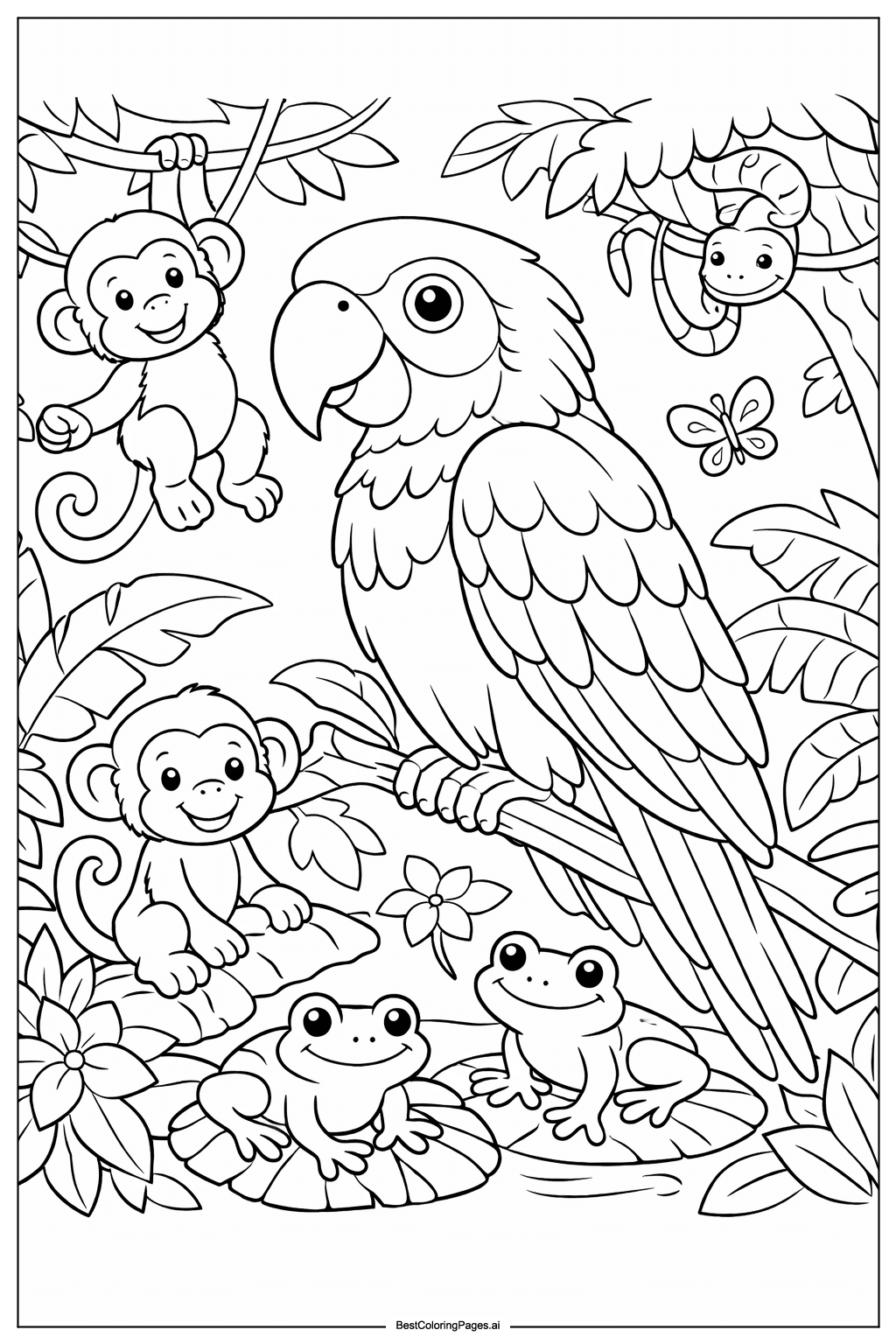 Dibujos de Loro y Amigos de la Selva Tropical para Colorear
