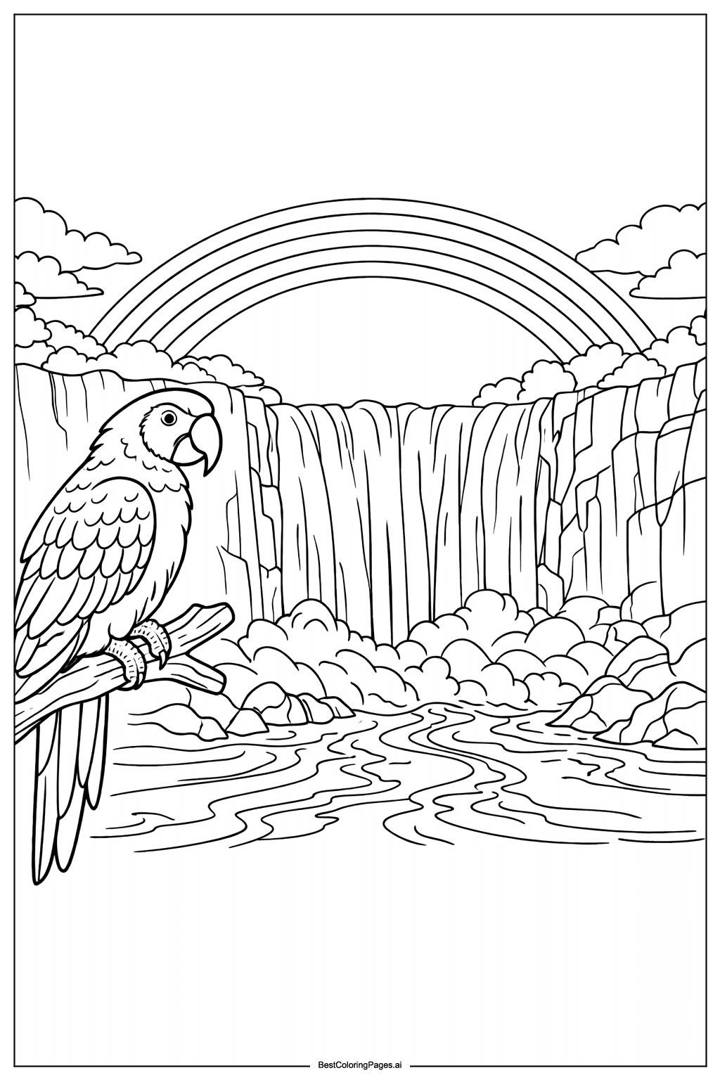 Disegni di Pappagallo nella giungla con cascata e arcobaleno da Colorare