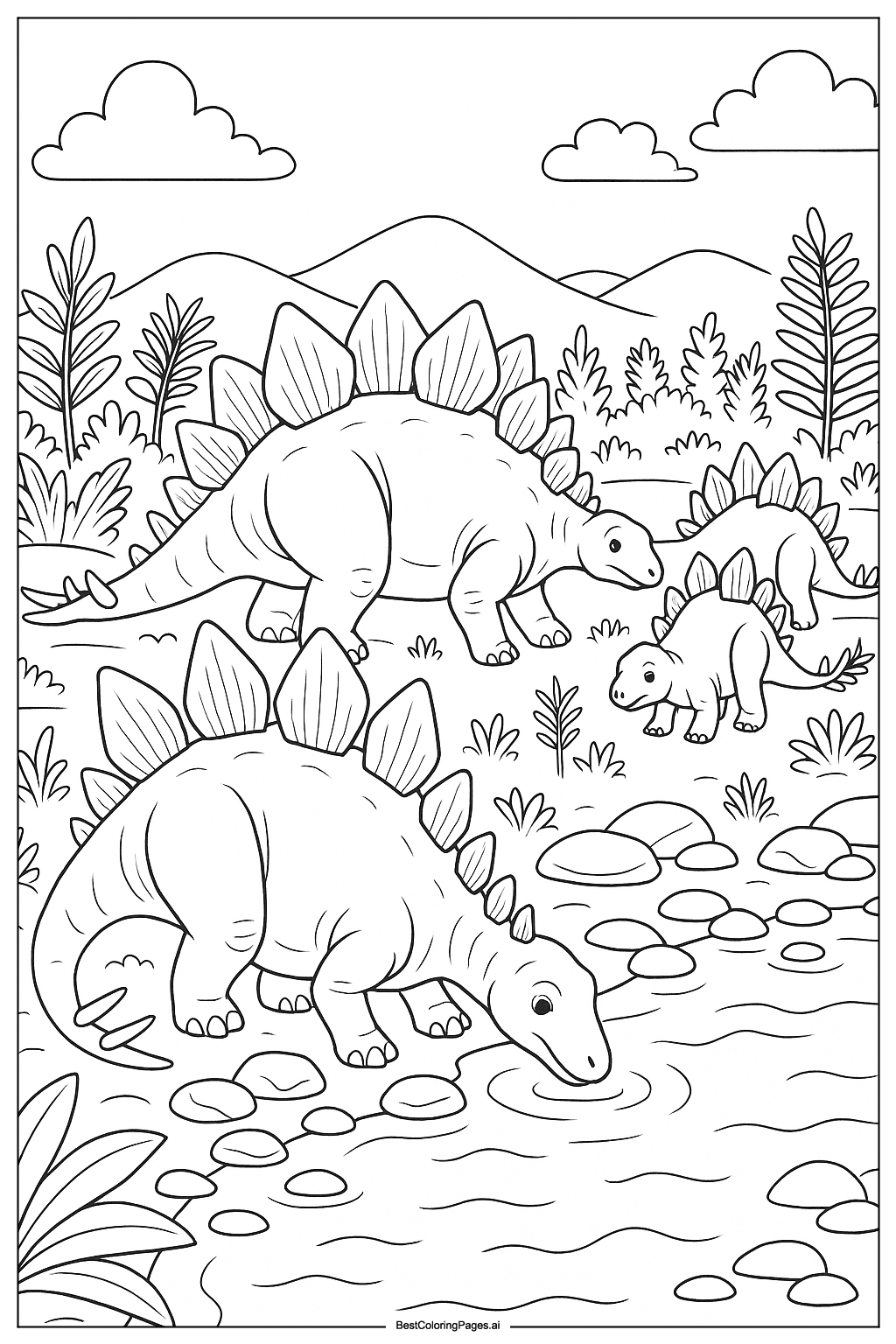 Stegosaurus family at river Coloring Page