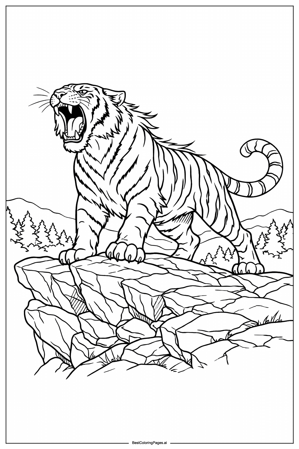 Tiger roaring on cliff