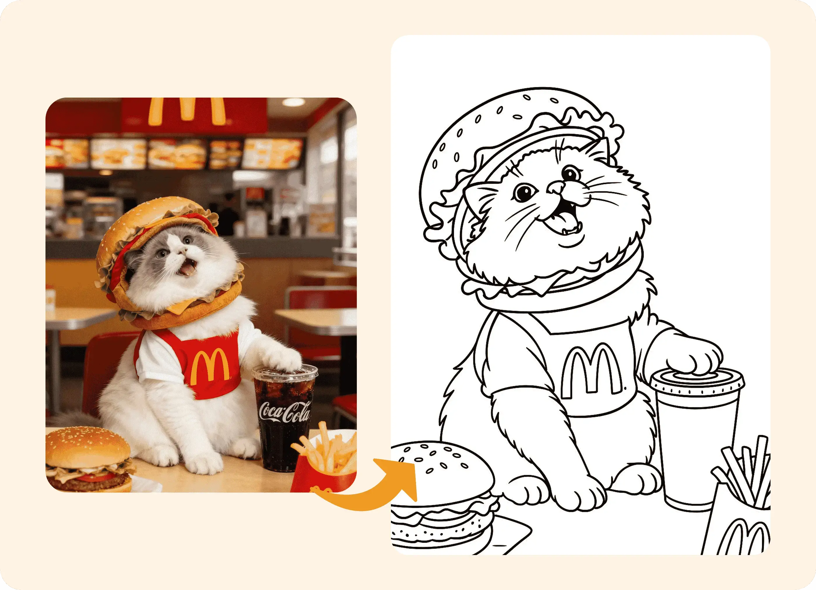 ファストフード店にいるバーガーのコスチュームを着た面白い猫の、詳細で印刷可能な線画の塗り絵への変換前後のビュー。