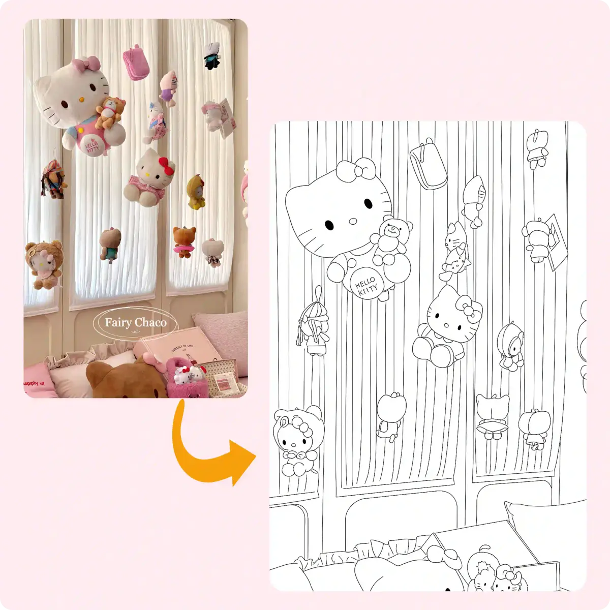 Hello Kitty dolls and plush room decor transformed into coloring page.