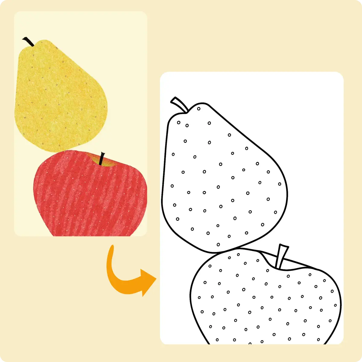 Colorful pear and apple illustration turned into a simple coloring page.