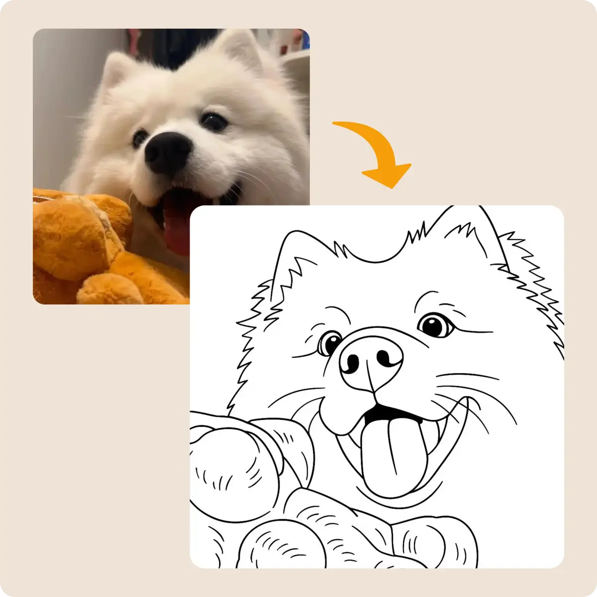 一隻快樂的薩摩耶犬在玩泰迪熊,從照片轉換成的素描。