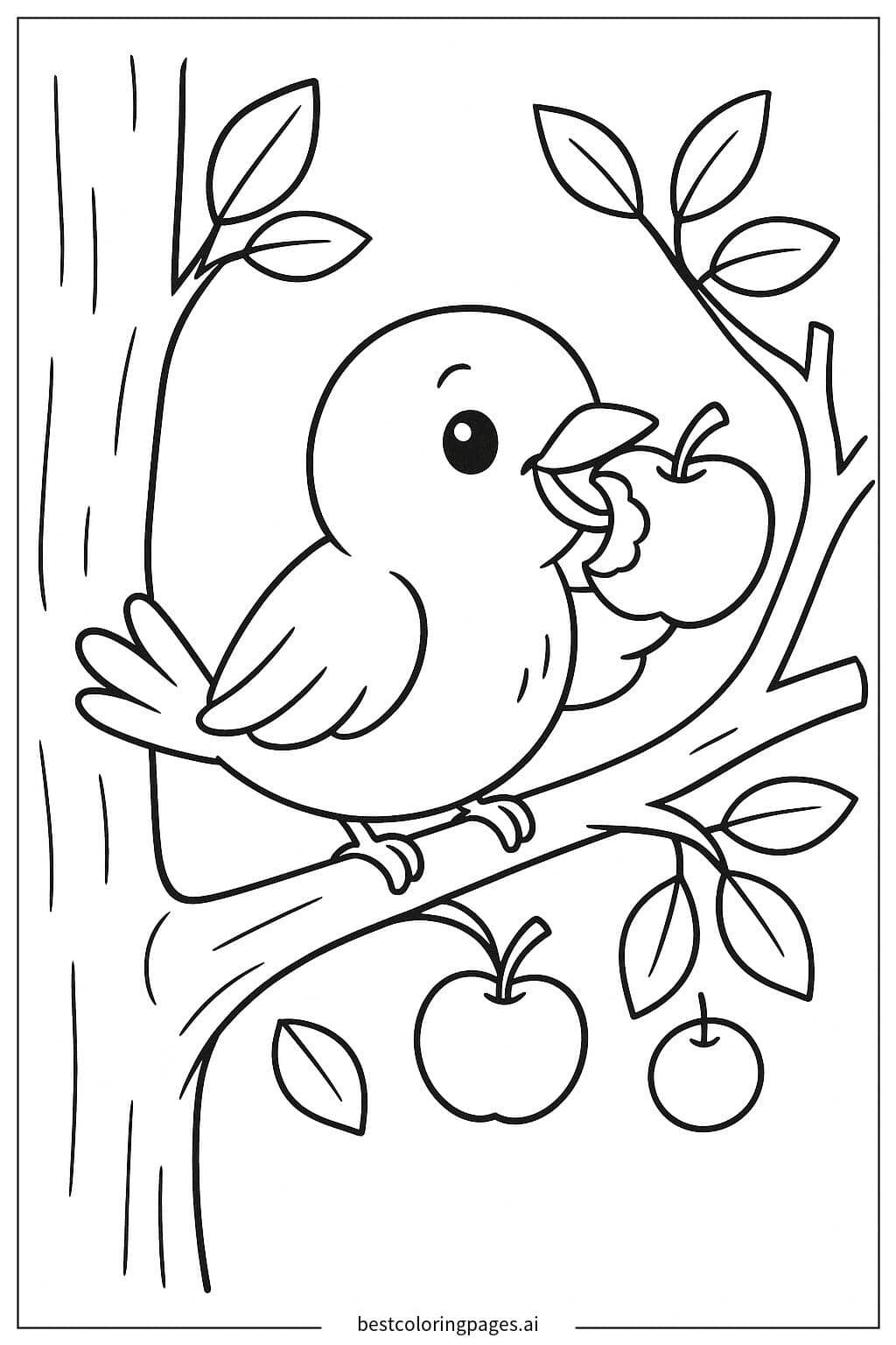 A Bird Eating an Apple on a Tree Coloring Page