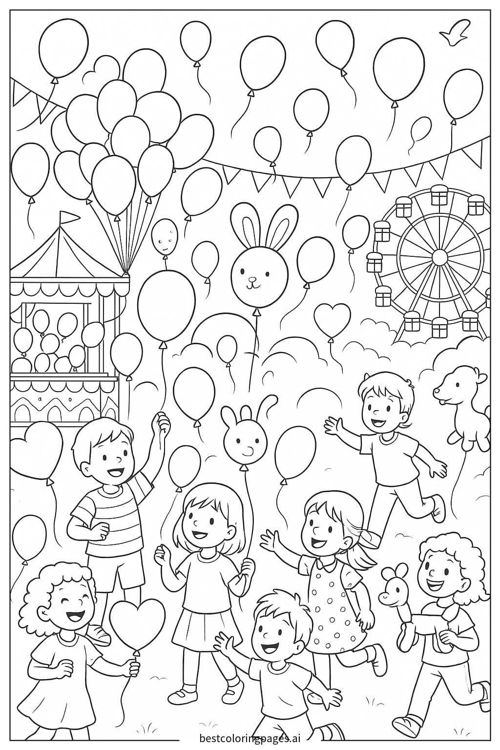 A Fun Carnival Scene with Children and Colorful Balloons