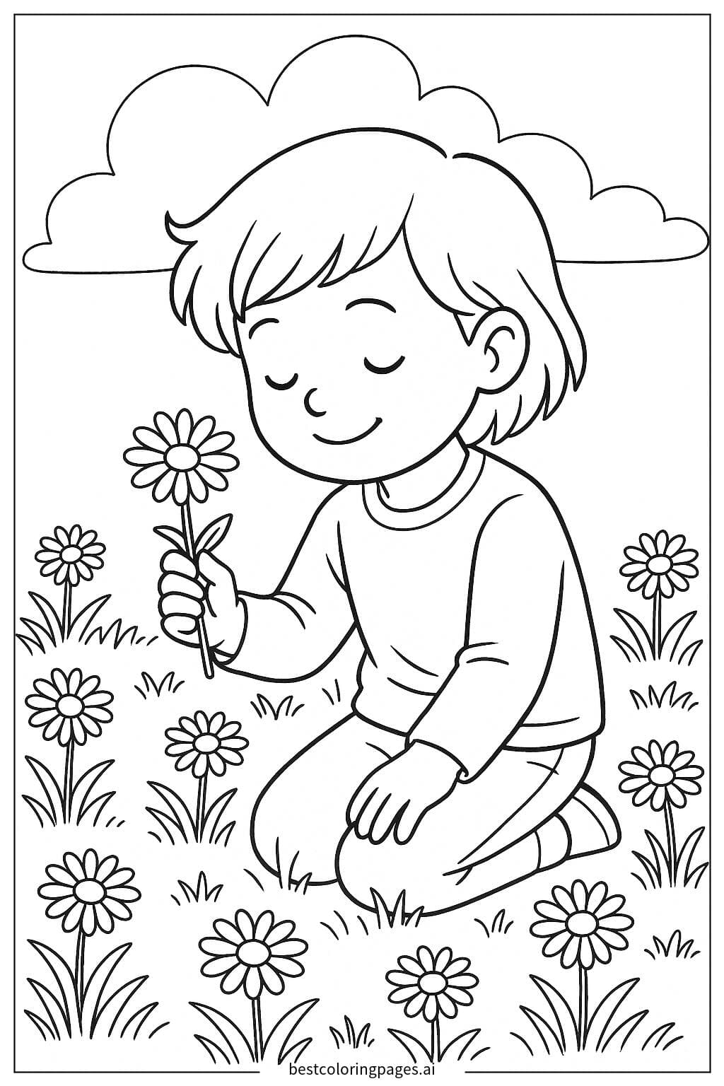 A Child Picking Daisies in a Field