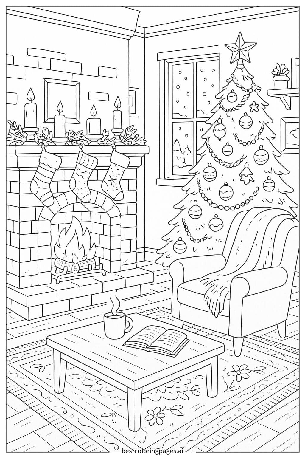A Cozy Living Room with a Glowing Fireplace and Holiday Decorations Coloring Page