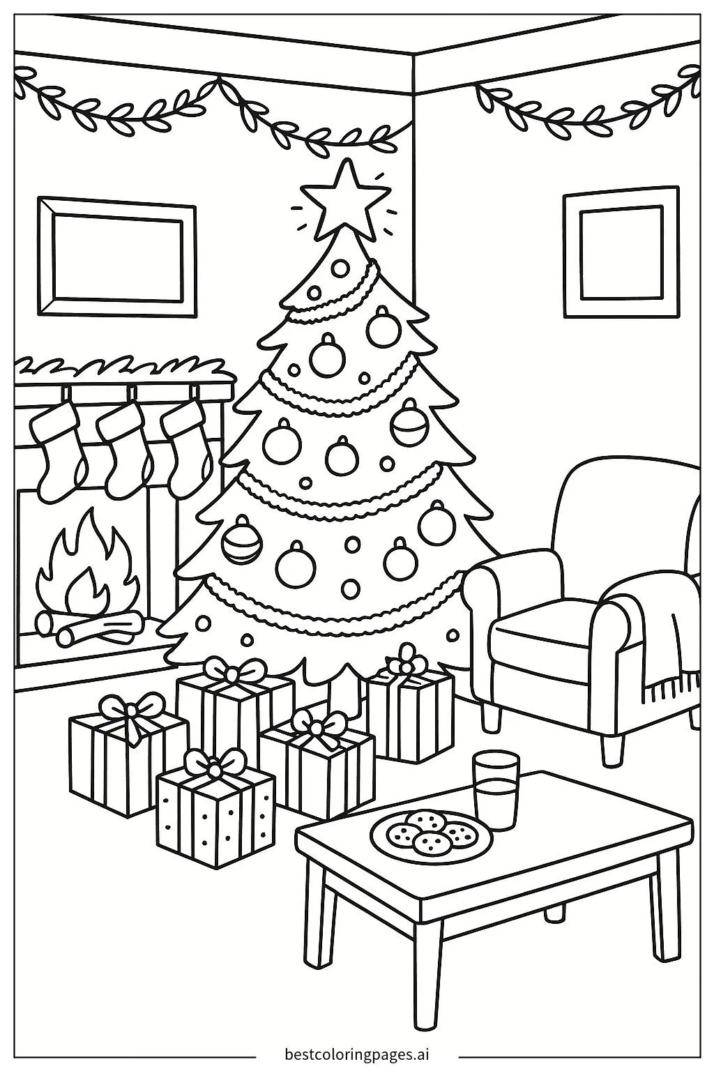 Uma sala de estar aconchegante com árvore de Natal iluminada