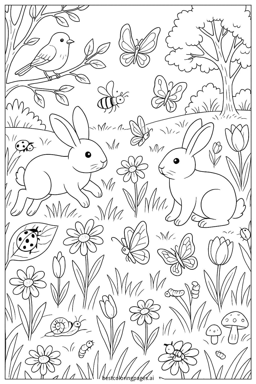 Desenhos de Um prado detalhado com animais e insetos para Colorir