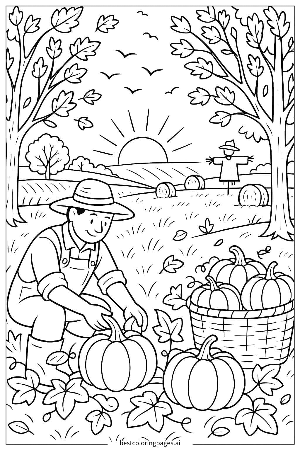 Desenhos de Um agricultor colhendo safras em campos dourados para Colorir