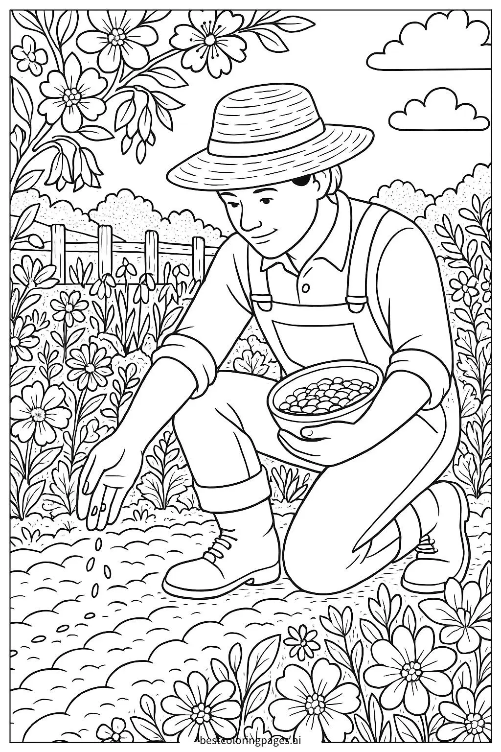 A Farmer Planting Seeds in a Spring Garden
