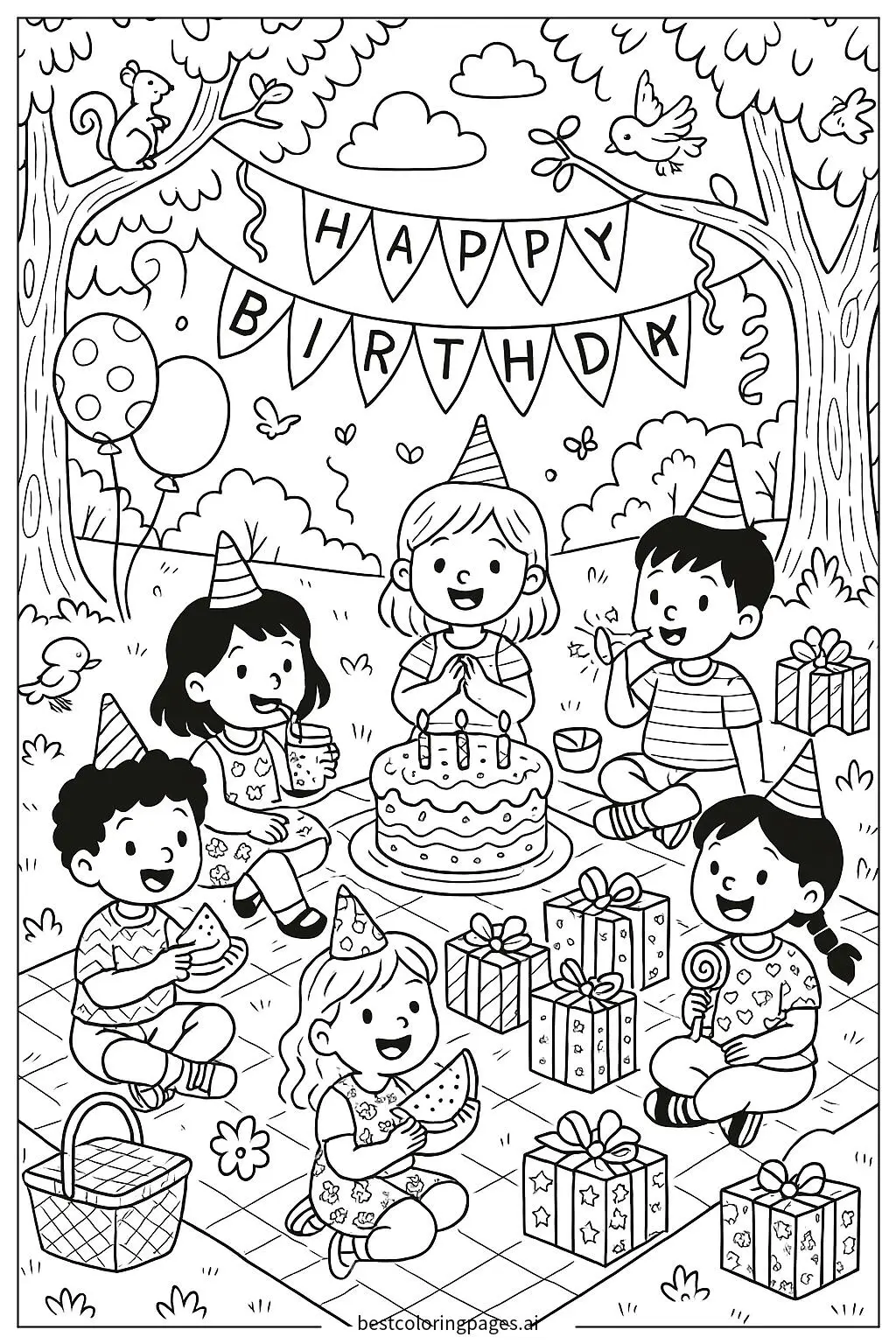 A Fun Outdoor Birthday Picnic Celebration Coloring Page
