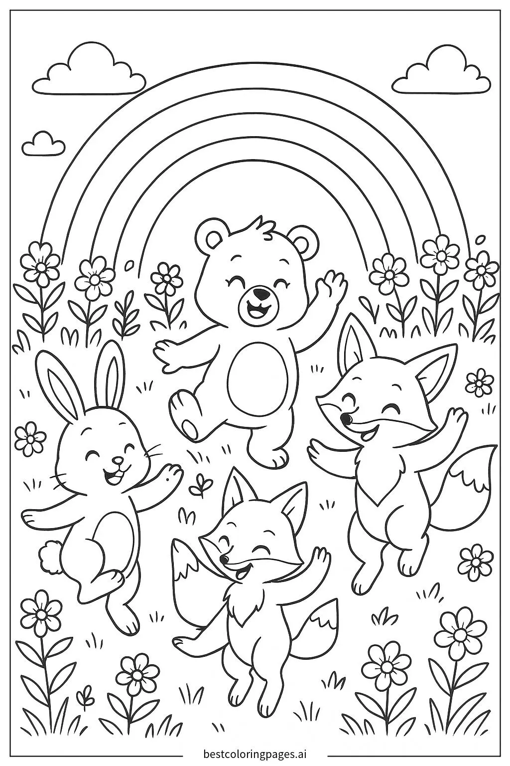 Animals Dancing Under a Rainbow in Spring