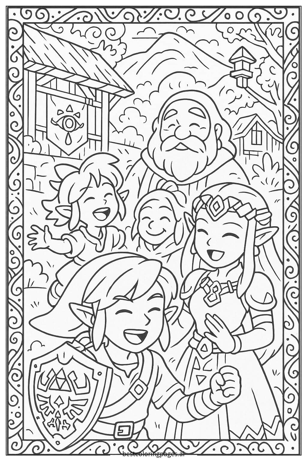 Eine Gruppe von Charakteren feiert im Kakariko-Dorf Ausmalbilder