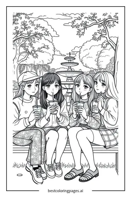 Um grupo de amigos desfrutando chá boba no parque