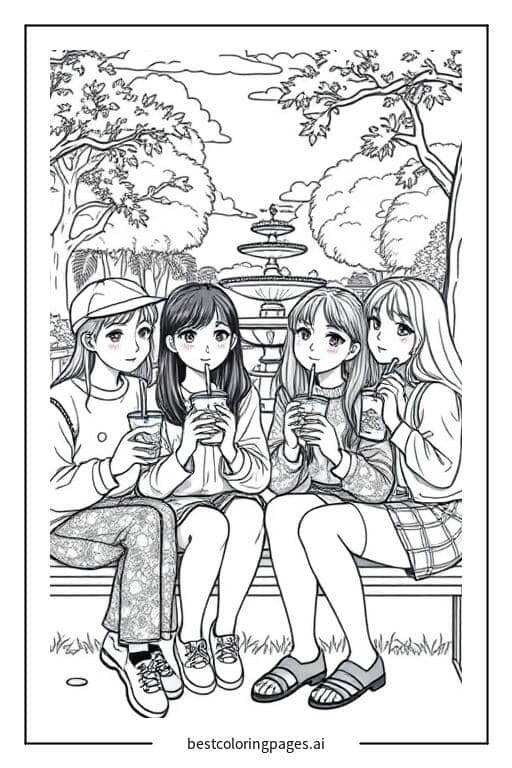 Dibujos de Un grupo de amigos disfrutando té de burbujas en un parque para Colorear