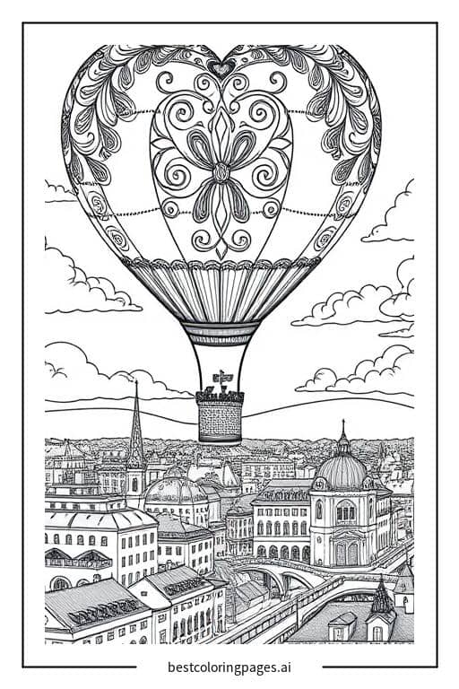 A Heart Balloon Adventure Over the City Coloring Page
