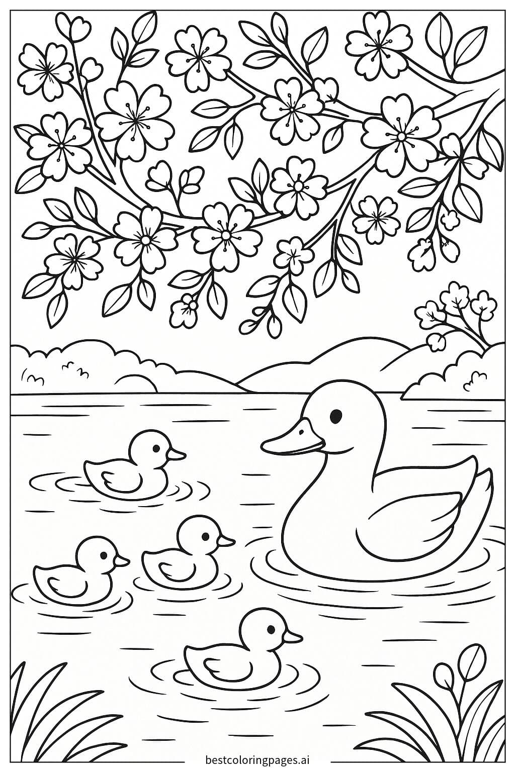 Ein Teich umgeben von Enten und Kirschblüten