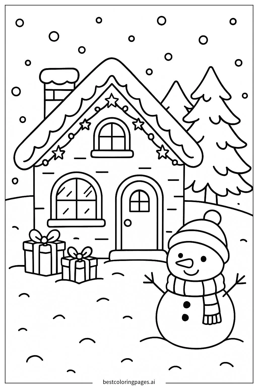 Uma casa coberta de neve com luzes de Natal