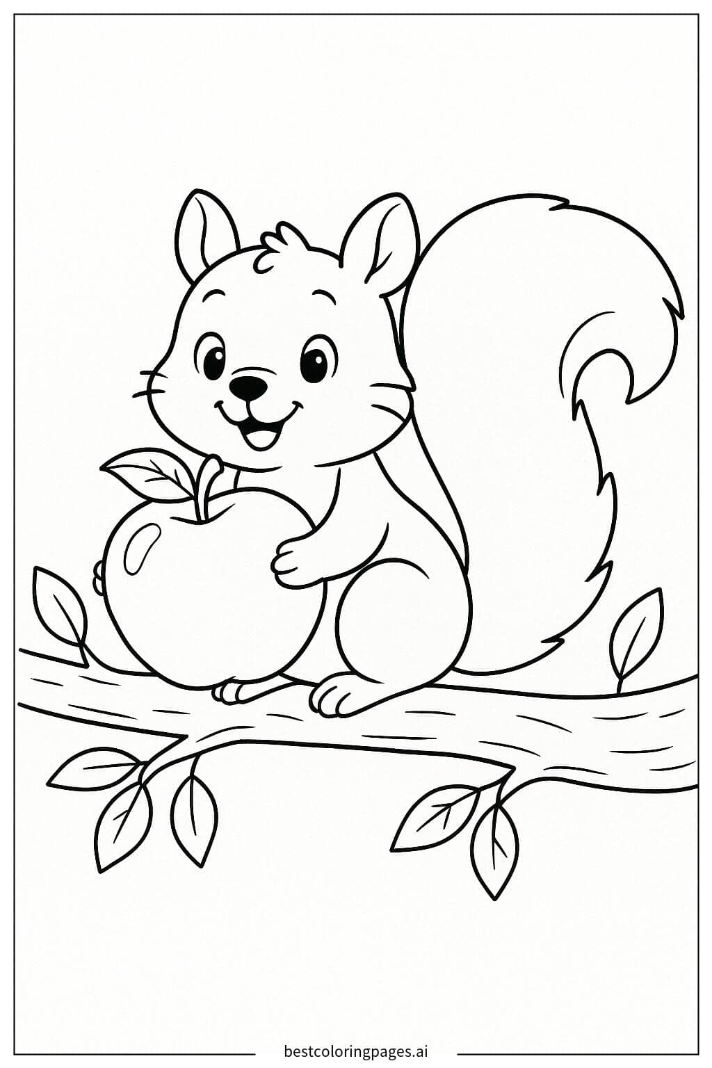 A Squirrel Holding an Apple Coloring Page