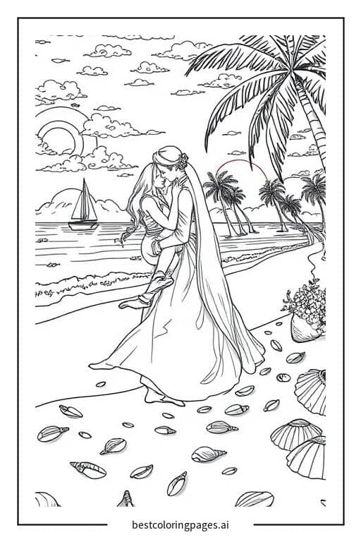 Beach Proposal at Sunset Coloring Page
