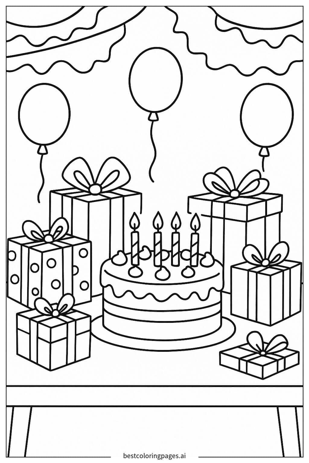 Birthday Table with Gifts and Cake Coloring Page