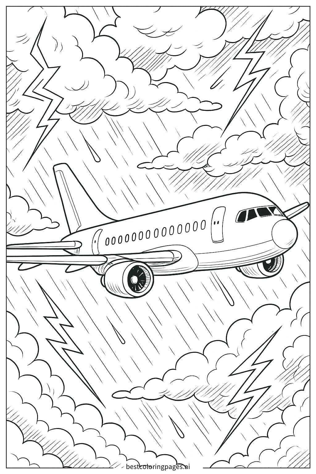 Avião em uma tempestade com raios ao fundo