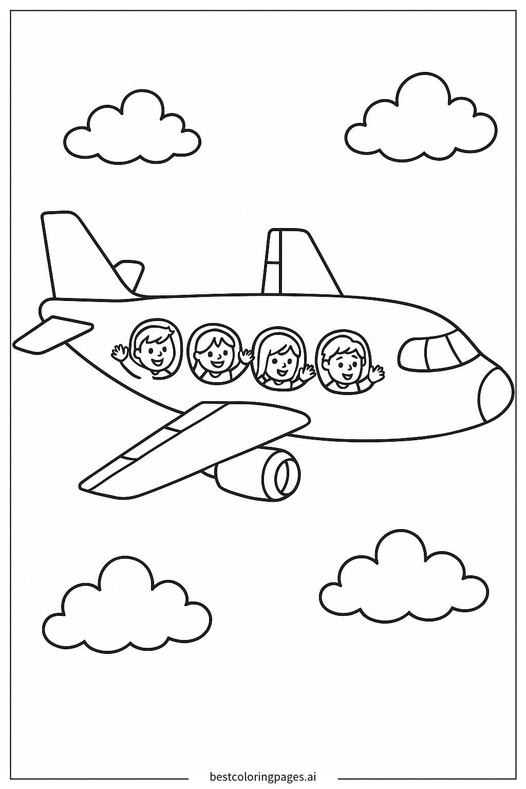 窓から顔を出す乗客のいる飛行機 のぬりえ